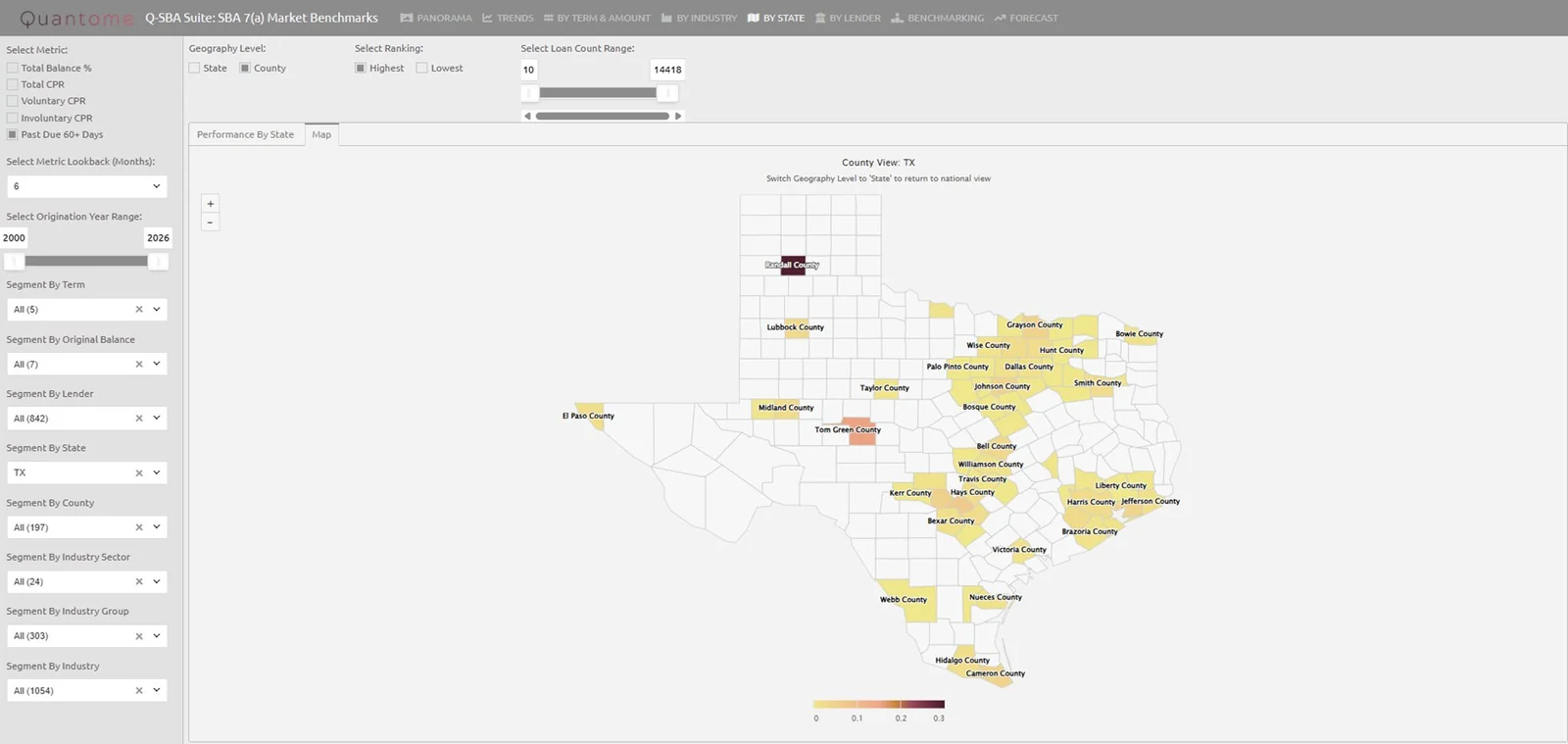 Q-SBA Benchmarks county-level geographic intelligence map